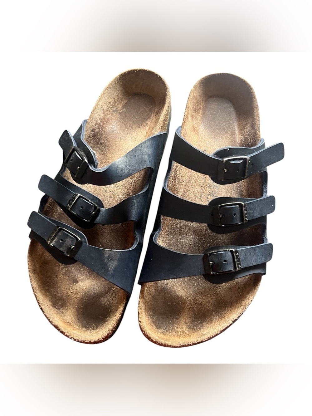 Birkenstock Triple Strap Black Cork Footbed Sandals, size 38 narrow